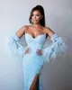 Robes de soirée plumes ciel bleu robe de soirée sirène côté fendu robes de bal chérie paillettes sur mesure