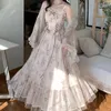 Casual Dresses Victorian Dress Court Wind Printed Maxi Spring Summer Shiny Thin Cardigan Big Ruffled Hem Long Set Women's