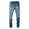 Mäns jeans ljusblå EU DRIP Fashion Distressed Ribs Patchwork italienska skadade hål Slim Fit Stretch Ripped