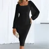 Casual Dresses Elegant Long Sleeve Backless Midi Dress Women 2023 Autumn Two Layer Mesh Square Collar Bodycon Club Party Sexig