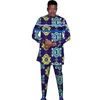 Fatos masculinos paralelos 2 listras design patchwork tops com calças mangas compridas conjuntos africanos roupas de noivo de casamento