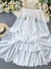 Basic Casual Dresses LY VAREY LIN Spring Autumn Women Elegant Holiday Dresses Puff Sleeve Slash Neck Off Shoulder Smocked White Chiffon Dresses 231020