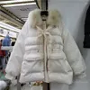 Women's Down White Cotton Padded Jacket Women Winter Korean Loose Mid-Längd Parkas äkta Sequined Fur Collar Studenter