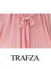 Casual Dresses TRAFZA Autumn Party Woman Trendy Pink O-Neck Long Sleeves Bow Belt Decoration Back Button Female Fashion Mini