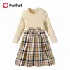 Kledingsets Patpat Kid Girl Dress Bowknot Design geribbelde geribbelde splitsing lange mouwen meisjesjurk kinderjurken voor meisjeskleding J231020