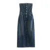 Casual Jurken Blauwe Strapless Denim Jurk Vrouwen Sexy Backless Bodycon Lange Mode Knop Mouwloze Avondfeestjurken 2023 Zomer