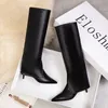 New 2024 Arrival Women Cow Leather Knee High Boots Fashion Pointed Toe Wide Leg Slip On Thin Heels Plus Size 34-43