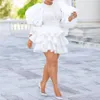 Plus Size Dresses African Women White Party Dress Vintage Puff Sleeve Cute Ruffle Tiered Layered Summer Spring Ladies Club Mini319v