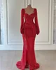 Sexy Mermaid Prom Dresses Appliques Beads Square Long Sleeves Backless Zipper Floor Length Plus Size Custom Made Shining Party Dress Vestido De Noite