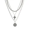 Pendant Necklaces KunJoe Punk 3pcs/set CCB Beaded Cross Necklace For Men Vintage Imitation Pearl Cuban Link Chain Choker