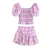 Arbetsklänningar 2023 Sweet Match Set Gingham Plaid Puff Sleeve Crop Top Sexig kvinnor Hög midja Ruffles Mini kjol elastisk ruched korsett 2st