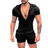 Men's Tracksuits Solid Color Hooded Bodysuit Zip Shorts One Piece Set