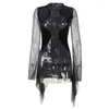 Party Dresses Sexy See Through Long Tulle Sleeve Black Lace Bodycon Mini Dress For Women Girl Vintage Goth Gothic Style Clothing