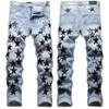 Designer Mens Jeans Moda Rasgado Bordado Pentagrama Patchwork para Homens Tendência Marca Motocicleta Calça Skinny