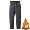 Calças masculinas inverno zip bolsos engrossar velo sweatpants homens corredores preto cinza para baixo algodão quente masculino à prova de água calças térmicas 5xl 231020