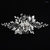 Hair Clips Silver Color Rhinestone Bridal Comb Handmade Pearl Alloy Flowers And Leaves Women Wedding Dress Accessories