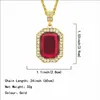 Hip Hop Bling Out Cubic Zirconia Red Stone Square Pendant Necklaces for Men Jewelry With 30inches Gold Chain171O