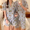 Pijamas femininos kawaii casal japama conjunto casa roupas urso impressão dos desenhos animados xadrez verão noite shorts camisas duas peças s175