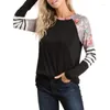 T-shirt da donna Stampa floreale Tunica a righe a blocchi di colore Top girocollo Camicetta raglan a maniche lunghe Camicia ampia T-shirt