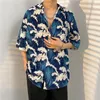 남성용 캐주얼 셔츠 2023 여름 패션 남성 하와이 짧은 슬리브 버튼 꽃 잎 인쇄 느슨한 해변 휴가 알로하 셔츠