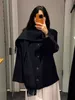 Femme Laine Mode Bleu Foncé Glands Manteaux Avec Écharpe Chic Solide Simple Boutonnage À Manches Longues Vestes 2023 Lady High Street Vêtements D'extérieur