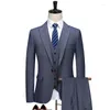 Abiti da uomo 2023 Primavera Autunno Lusso a righe Moda Business Suit Uomo Blu Festa di nozze Abito sottile 3 pezzi Giacca Pantaloni Gilet