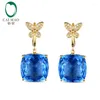 Dangle Earrings 18.06ct 아름다운 Checkerboard Blue Topaz H Si 포장 세트 다이아몬드 드롭 레버 백