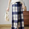 Women's Pants 2023 Autumn And Winter Merino Wool Knitted Elastic Waist Plaid Loose Fashion Wide-leg