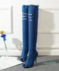 Sexy Boots Women Thigh High Boots Over The Knee High Bottes Peep Toe Pumps Hole Blue Heels Zipper Denim Jeans Shoes