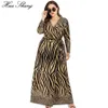 Abiti casual 5XL 6XL Plus Size Abito invernale Manica lunga Donna Scollo a V Stampa leopardata a righe Maxi con cintura Split Wrap177R