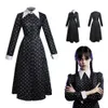 Film Cosplay Mercoledì Addams Costume Cosplay Per adulti Bambini Collare Manica lunga Abito fantasia Parrucca da festa di carnevale di Halloween Abiti da donna