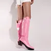 Botas moda rosa cowgirl para mulheres amor coração ocidental cowboy apontou toe slipon y saltos feminino joelho alto 231019