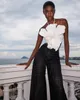 Calças femininas Capris Flower Design Split Bikini para Mulheres Monocromáticas Maiô Halter Beachwear Maiô de cintura alta com vestido longo de malha 231020