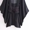 Blusas femininas 2023 moda estilo étnico cinto solto seda cetim textura quimono vintage manga longa casaco único topo