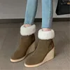 Boots Cow Suede Wool Round Toe Women Snow Wedges Thick Sole Solid Slip On High Heels Winter Fashion Concise Warm Female Shoes