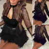 Casual Dresses Sexy Women Mesh See Through Long Sleeve Dress Clubwear Fur Patchwork Trutleneck Bodage BodyCon Evening Party Short217y