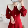 Robes décontractées 2023 Automne Hiver Plissé Poupée Col Pull Robe Douce Mode Femmes Simple Boutonnage Lanterne Manches Tricoté Rouge Robes