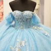 México céu azul fora do ombro vestido de baile quinceanera vestidos para meninas frisado apliques flor vestidos de festa plissados doce 16 15