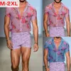 Men's Casual Shirts Mens Pink See Through Flower Lace Sheer Summer Sexy Transparent Floral Shirt Men Party Nightclub Chemise 277Q