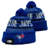 Blue Jays Beanie Toronto Bonnets Toutes les 32 équipes tricotées à revers Pom Casquettes de baseball Chapeaux de baseball rayés en laine chaude USA College Sport Chapeaux en tricot Casquette pour femmes a2