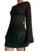Damen-Strick-T-Shirts, Y2K-Pullover mit Raffhalter, langärmelig, U-Boot-Ausschnitt, einfarbig, Strickpullover, lässige Häkeloberteile, Herbst 231019