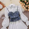 Vestidos casuales Alta calidad Shinny Diamond Beaded Denim Chaleco Camisa blanca Vestido 2pcs Trajes Puff Manga Blusa Borla Conjuntos de perlas Fem252H