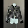 Women's Jackets Small Fragrant Vintage Houndstooth Plaid Casual Jacket Woven Contrast Stitching Stand Collar Fashion Tweed Black