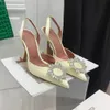 デザイナーのアミナ・ムアディドレスシューズサンダルサテン先の尖ったスリングバックボウタイポンプクリスタルヒマワシハイヒール靴10cm女性高級デザイナーパーティーウェディングシューズ