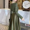 Vestidos casuais retalhos laço vestido coreano manga longa roupas de luxo para mulheres 2023 moda estilo francês elegante sexy magro vintage verde