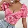 Women's T Shirts Sexelakas Floral Shirt Women Sexig kortärmad V Neck Topps Pink Clothes Kpop Casual Estetic Backless Bandage