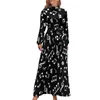 Robes décontractées Notes de musique Robe noire et or Style de rue Bohême Femme manches longues col haut mignon Maxi