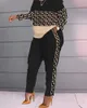 Kvinnors tvådelar Pants Set Women Outfit 2023 Spring Fashion Leopard Print Colorblock Round Neck Long Sleeve Top Casual Pocket