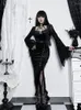 Robes décontractées Y2K Robe moulante Slim Fit Sangle Vêtements gothiques Taille haute Fente Femmes Noir Mode Bell Manches Femme Midi