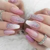 Kunstnagels 24 stuks Middellange ballet paarse basis gradiënt ontwerp met glitter druk op nep draagbaar volledige dekking nageltips